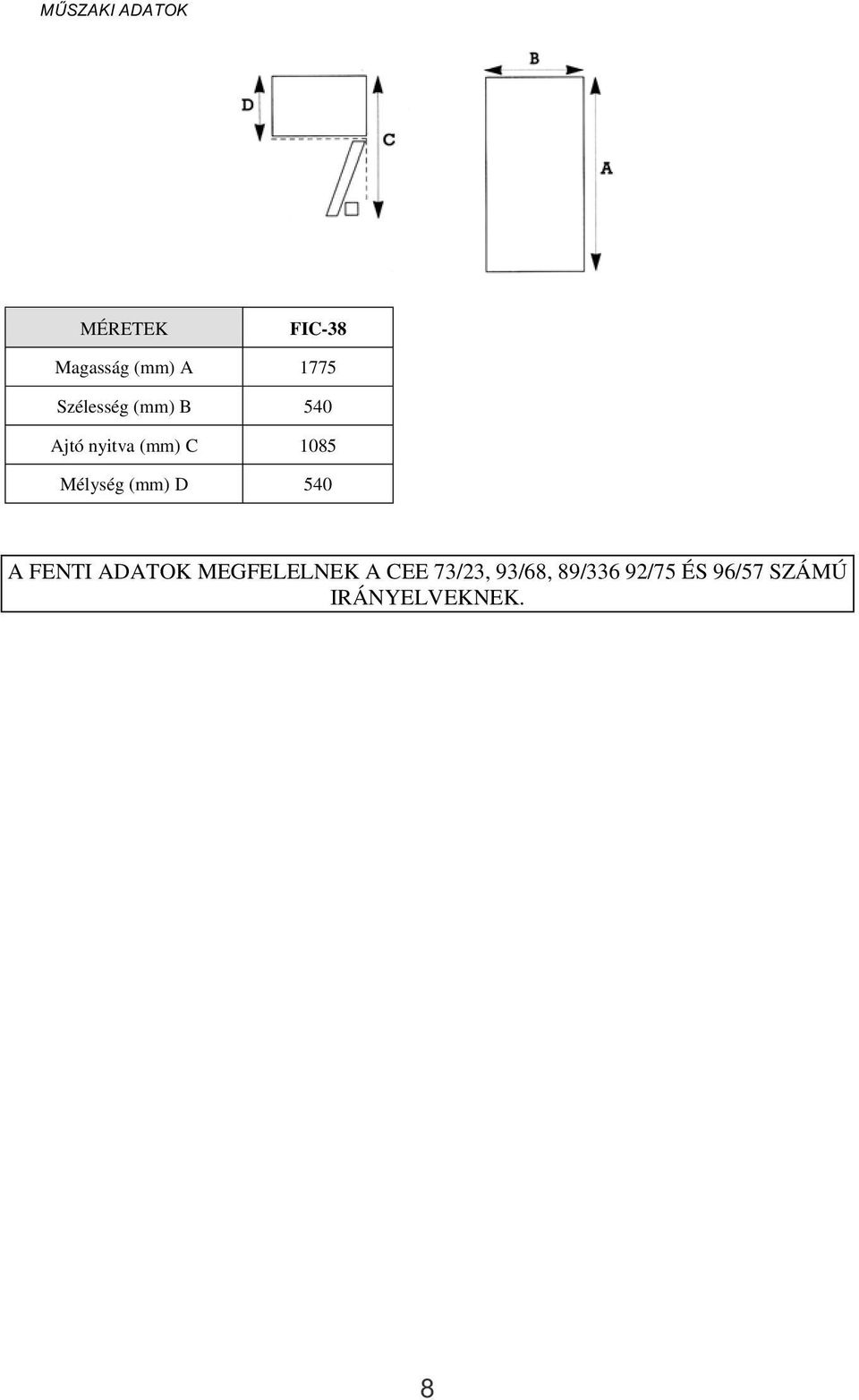 Mélység (mm) D 540 A FENTI ADATOK MEGFELELNEK A CEE