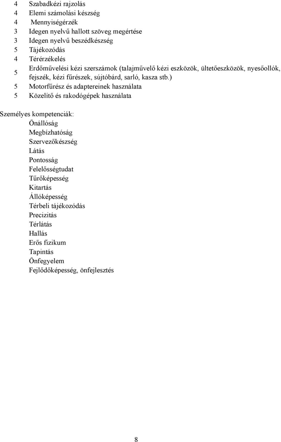 ) 5 Motorfűrész és adaptereinek használata 5 Közelítő és rakodógépek használata Személyes kompetenciák: Önállóság Megbízhatóság Szervezőkészség Látás