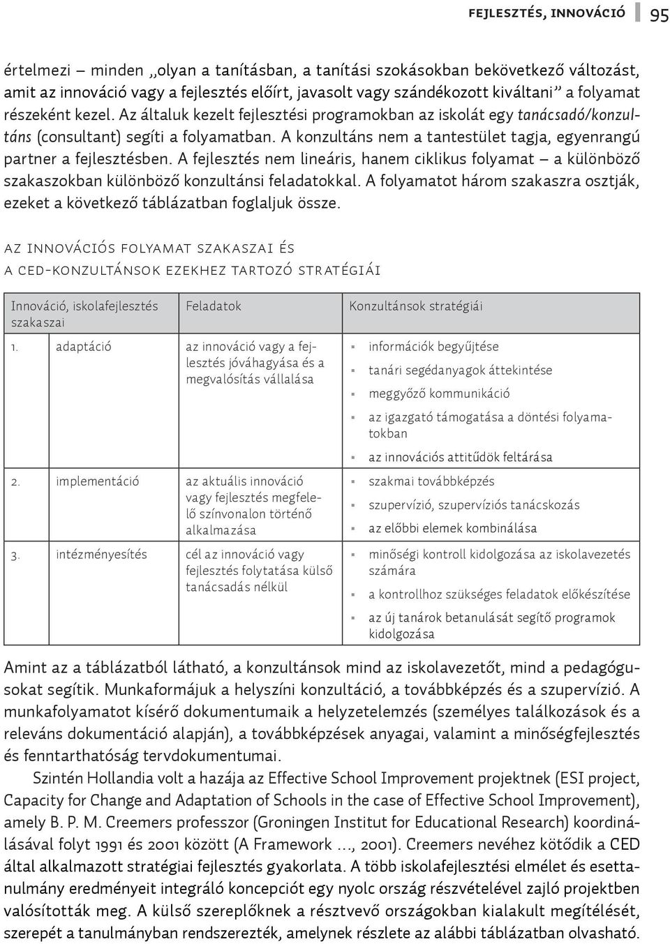 A konzultáns nem a tantestület tagja, egyenrangú partner a fejlesztésben. A fejlesztés nem lineáris, hanem ciklikus folyamat a különböző szakaszokban különböző konzultánsi feladatokkal.