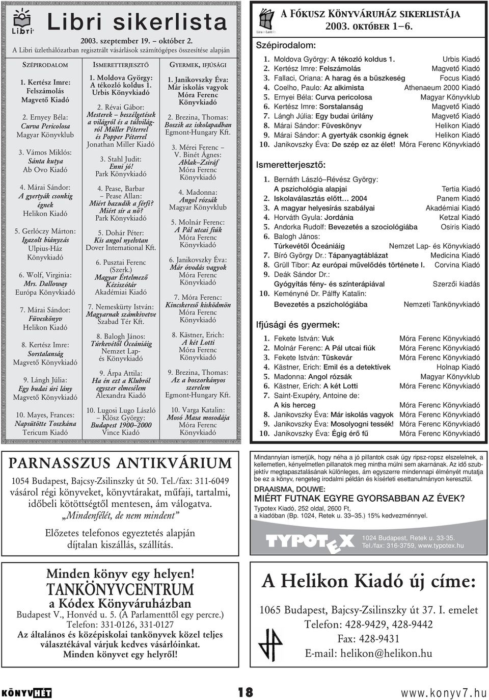 Gerlóczy Márton: Igazolt hiányzás Ulpius-Ház Könyvkiadó 6. Wolf, Virginia: Mrs. Dalloway Európa Könyvkiadó 7. Márai Sándor: Füveskönyv Helikon Kiadó 8. Kertész Imre: Sorstalanság Magvetô Könyvkiadó 9.