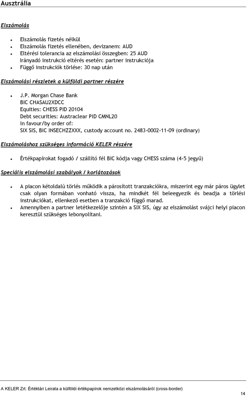 Morgan Chase Bank BIC CHASAU2XDCC Equities: CHESS PID 20104 Debt securities: Austraclear PID CMNL20 SIX SIS, BIC INSECHZZXXX, custody account no.