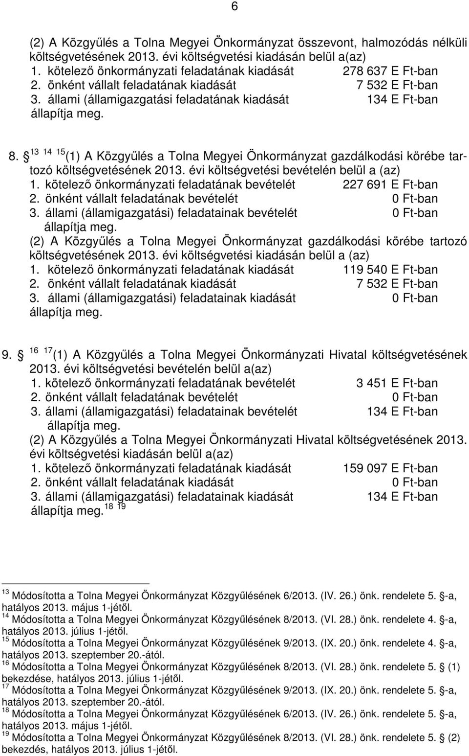 13 14 15 (1) A Közgyűlés a Tolna Megyei Önkormányzat gazdálkodási körébe tartozó költségvetésének 2013. évi költségvetési bevételén belül a (az) 1.