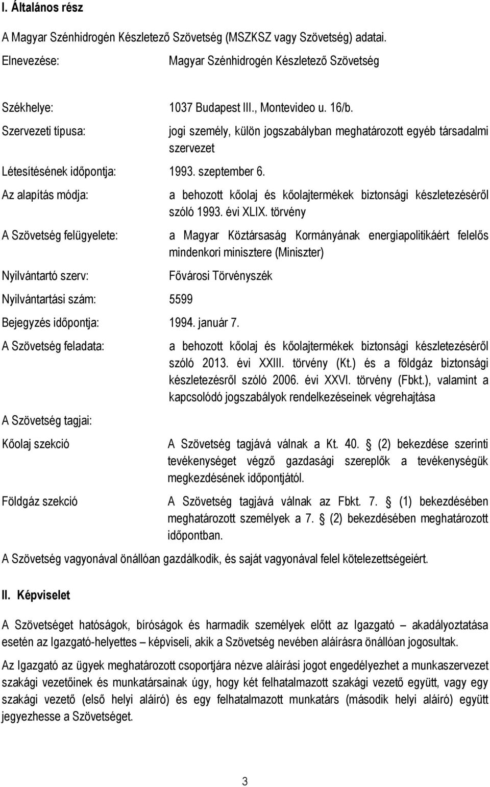 Az alapítás módja: A Szövetség felügyelete: Nyilvántartó szerv: Nyilvántartási szám: 5599 jogi személy, külön jogszabályban meghatározott egyéb társadalmi szervezet a behozott kőolaj és