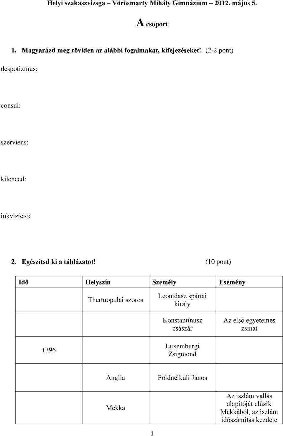 (2-2 pont) despotizmus: consul: szerviens: kilenced: inkvizíció: 2. Egészítsd ki a táblázatot!
