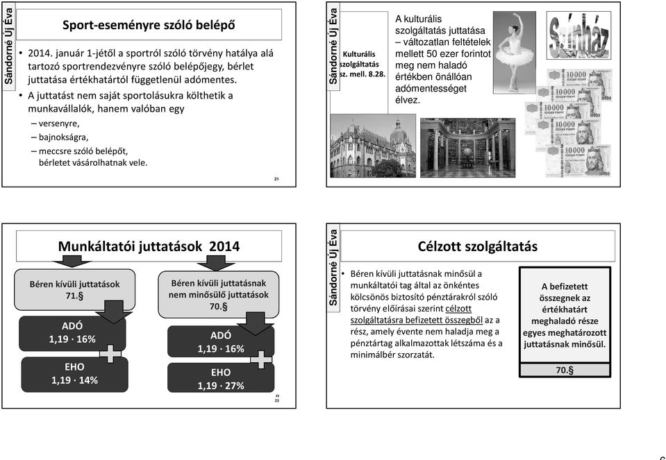 A kulturális szolgáltatás juttatása változatlan feltételek mellett 50 ezer forintot meg nem haladó értékben önállóan adómentességet élvez. 21 Munkáltatói juttatások 2014 Béren kívüli juttatások 71.