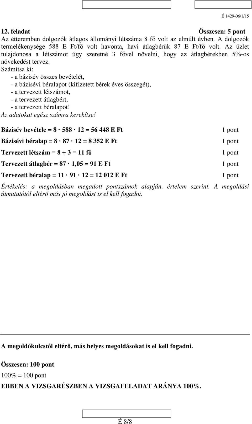 Számítsa ki: - a bázisév összes bevételét, - a bázisévi béralapot (kifizetett bérek éves összegét), - a tervezett létszámot, - a tervezett átlagbért, - a tervezett béralapot!