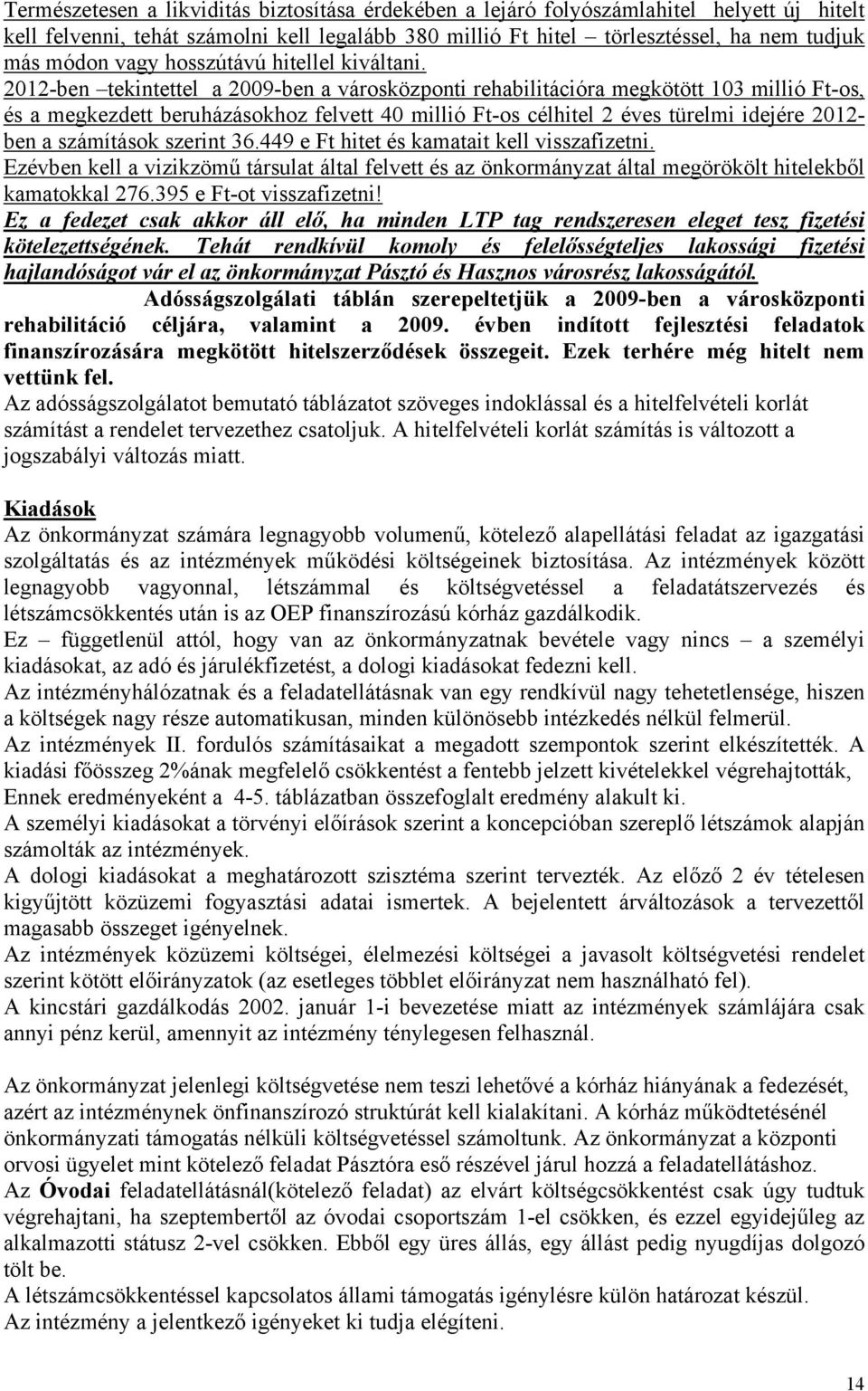 2012-ben tekintettel a 2009-ben a városközponti rehabilitációra megkötött 103 millió Ft-os, és a megkezdett beruházásokhoz felvett 40 millió Ft-os célhitel 2 éves türelmi idejére 2012- ben a