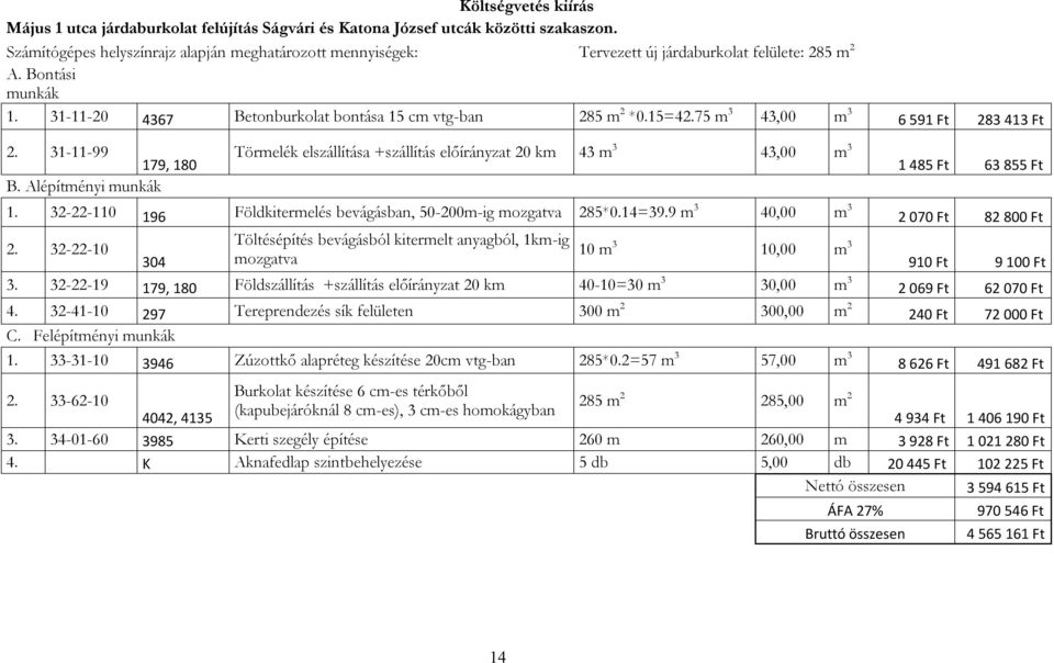 75 m 3 43,00 m 3 6 591 Ft 283 413 Ft 2. 31-11-99 179, 180 B. Alépítményi munkák Törmelék elszállítása +szállítás előírányzat 20 km 43 m 3 43,00 m 3 1 485 Ft 63 855 Ft 1.