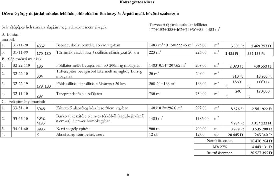 31-11-99 179, 180 Törmelék elszállítása +szállítás előírányzat 20 km 223 m 3 223,00 m 3 1 485 Ft 331 155 Ft B. Alépítményi munkák 1.