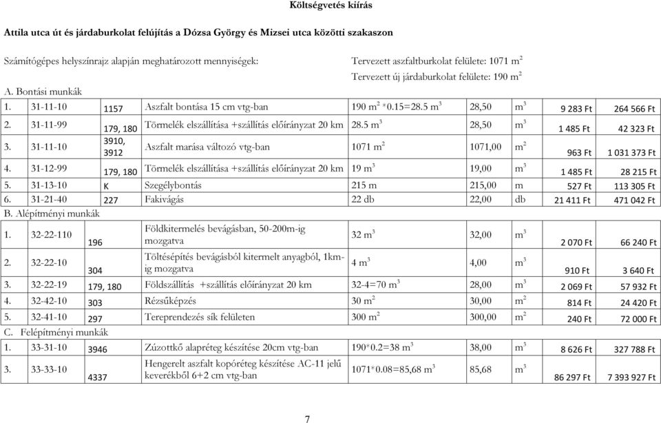 31-11-99 179, 180 Törmelék elszállítása +szállítás előírányzat 20 km 28.5 m 3 28,50 m 3 1 485 Ft 42 323 Ft 3.