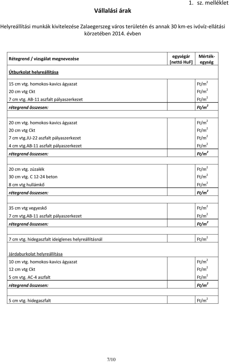 AB-11 aszfalt pályaszerkezet Ft/m 2 20 cm vtg. homokos-kavics ágyazat Ft/m 2 20 cm vtg Ckt Ft/m 2 7 cm vtg.ju-22 aszfalt pályaszerkezet Ft/m 2 4 cm vtg.ab-11 aszfalt pályaszerkezet Ft/m 2 20 cm vtg.