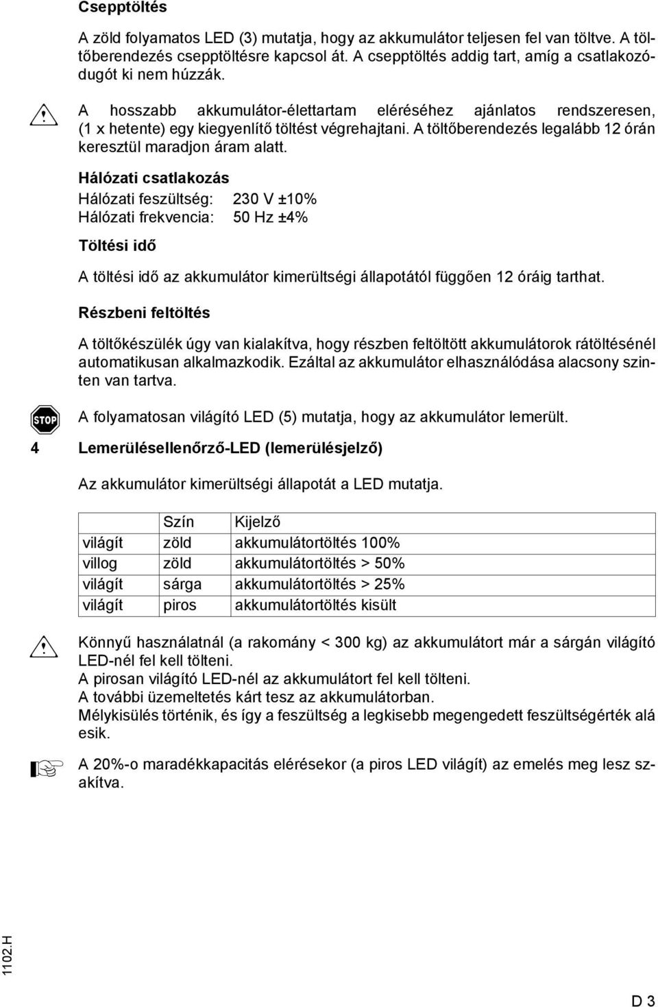 f Hálózati csatlakozás Hálózati feszültség: 230 V ±10% Hálózati frekvencia: 50 Hz ±4% Töltési idő töltési idő az akkumulátor kimerültségi állapotától függően 12 óráig tarthat.