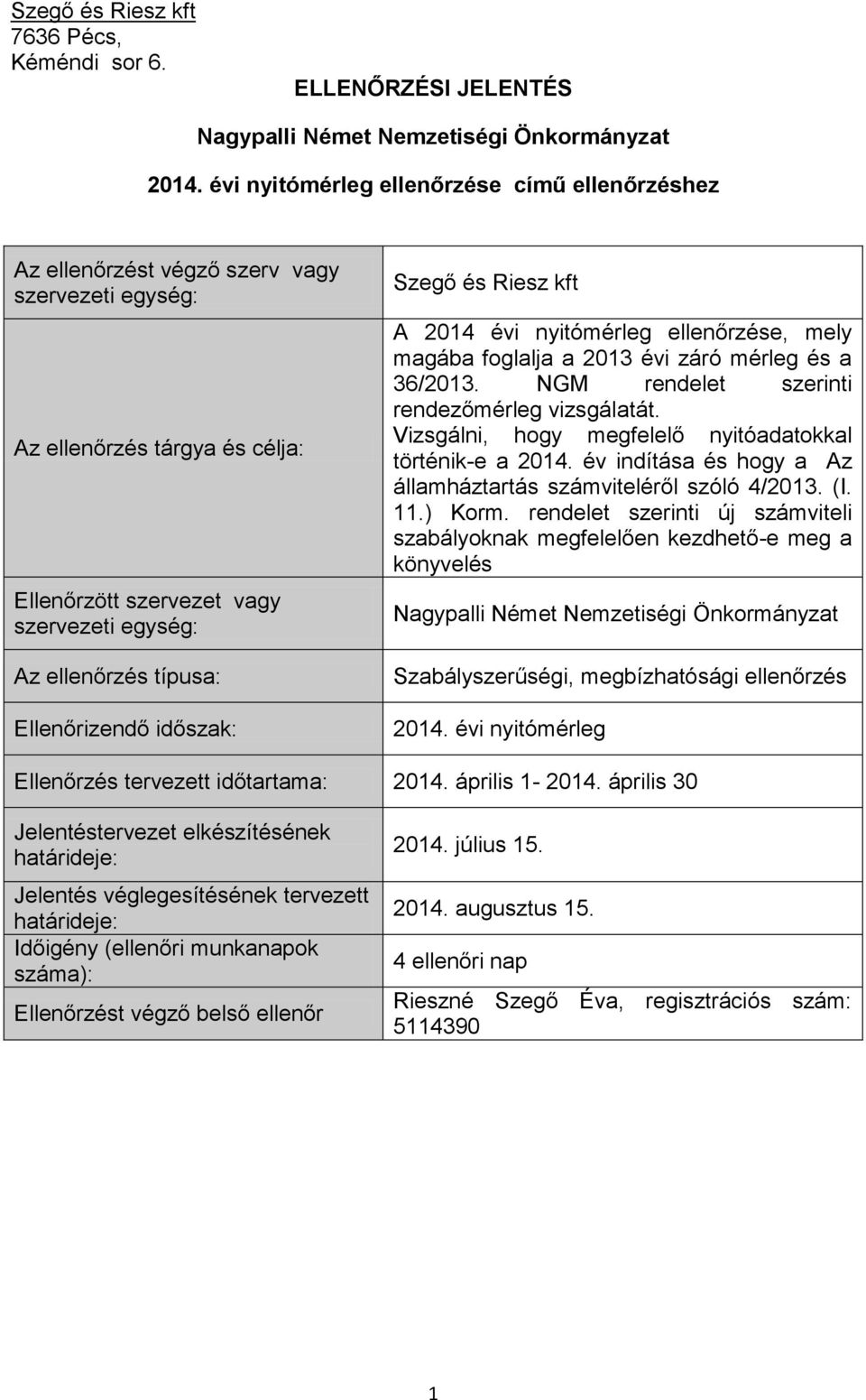 Ellenőrizendő időszak: Szegő és Riesz kft A 2014 évi nyitómérleg ellenőrzése, mely magába foglalja a 2013 évi záró mérleg és a 36/2013. NGM rendelet szerinti rendezőmérleg vizsgálatát.