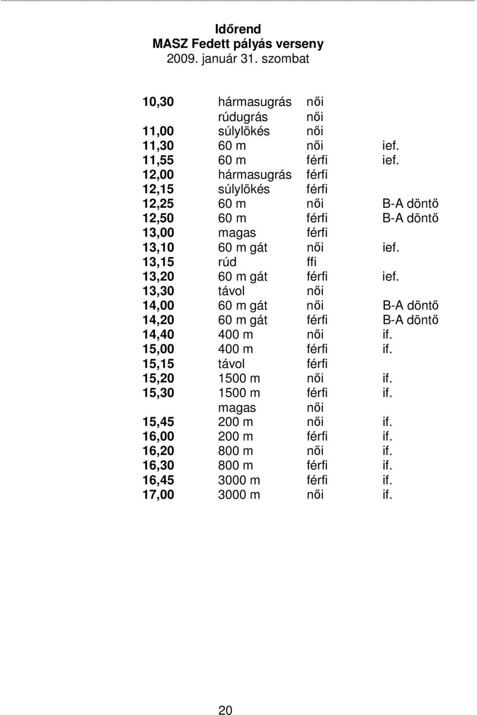 13,15 rúd ffi 13,20 60 m gát férfi ief. 13,30 távol női 14,00 60 m gát női B-A döntő 14,20 60 m gát férfi B-A döntő 14,40 400 m női if. 15,00 400 m férfi if.