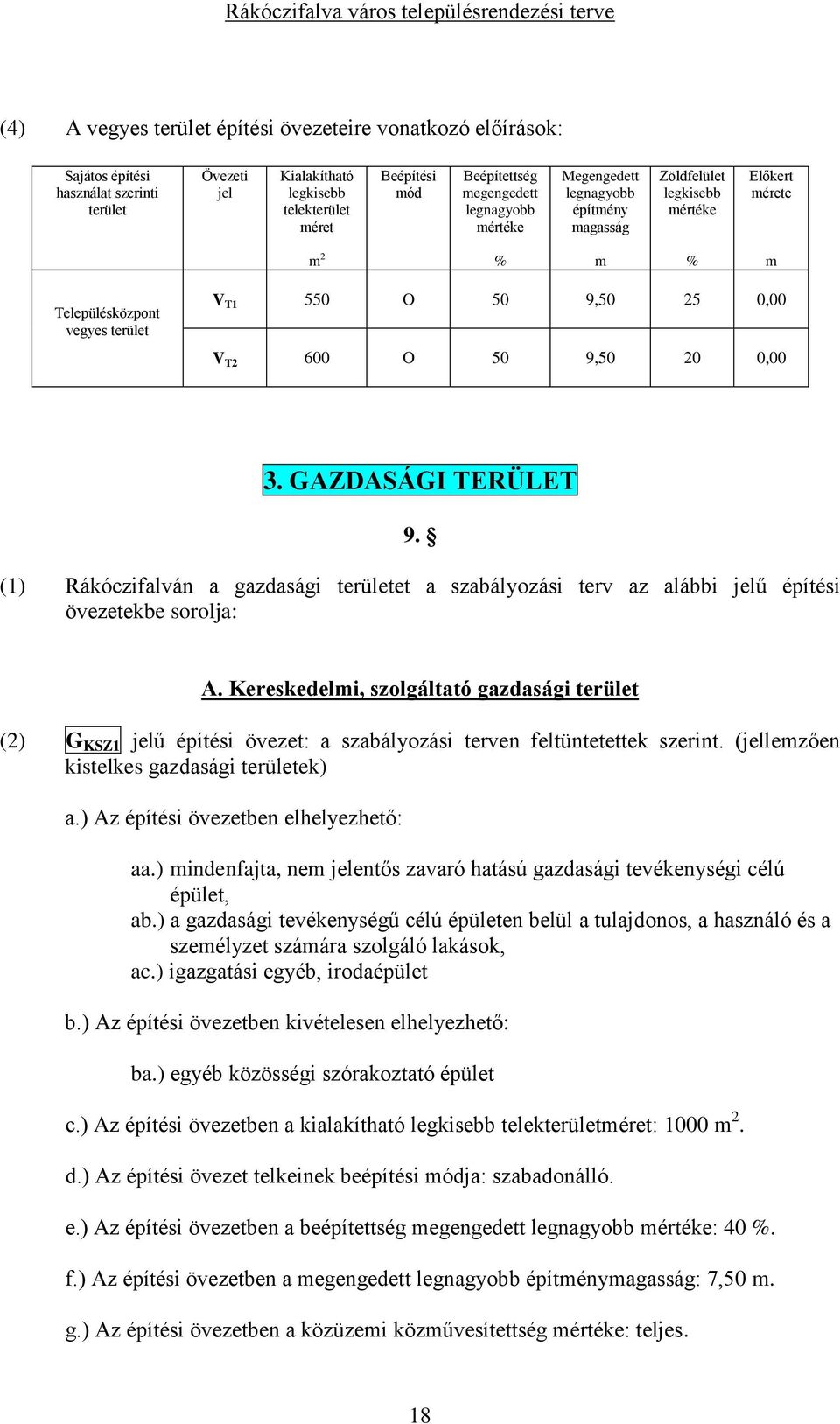 0,00 3. GAZDASÁGI TERÜLET 9. (1) Rákóczifalván a gazdasági területet a szabályozási terv az alábbi jelű építési övezetekbe sorolja: A.