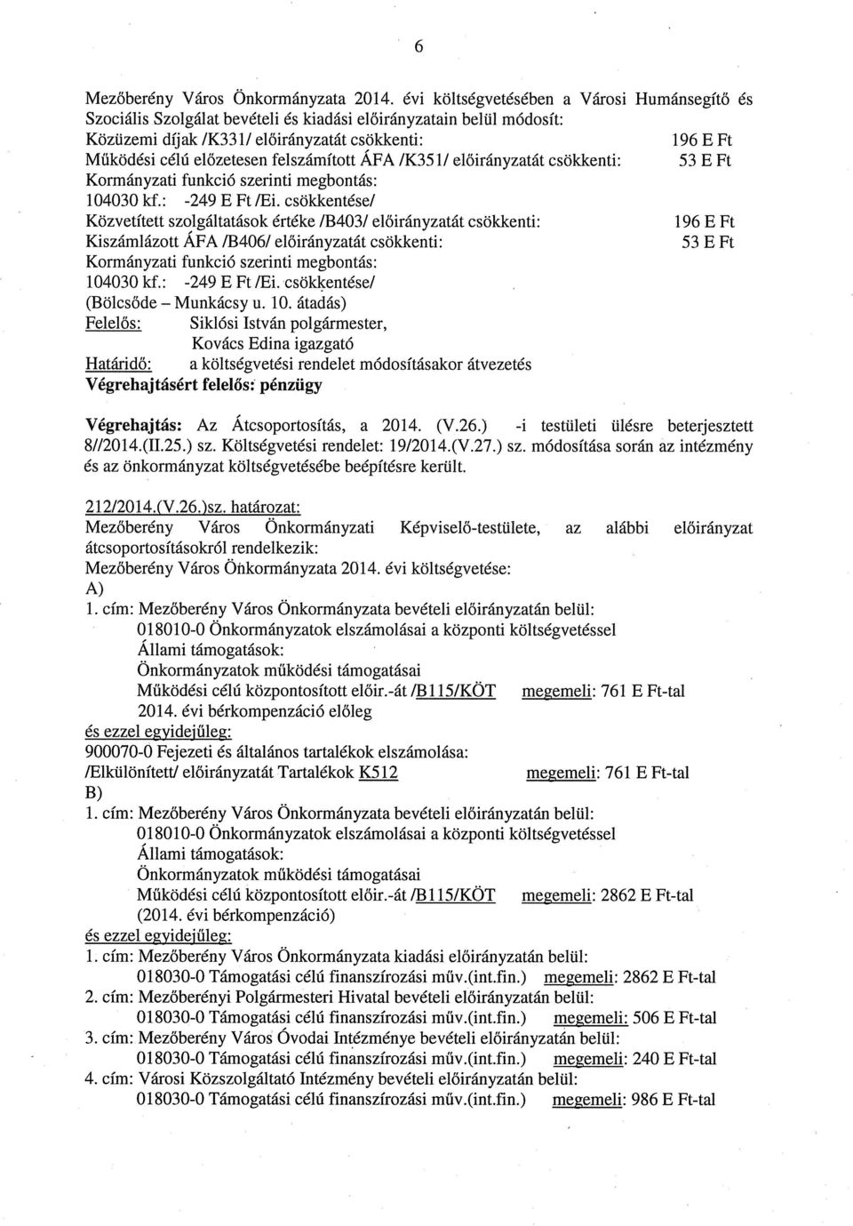 felszámított ÁFA 1K35 1/ előirányzatát csökkenti: 53 E Ft Kormányzati funkció szerinti megbontás: 104030 kf.: -249 E Ft /Ej. csökkentése!