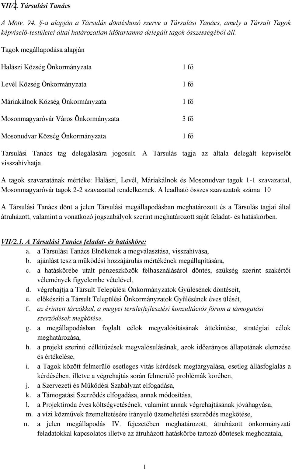 Tagok megállapodása alapján Halászi Község Önkormányzata Levél Község Önkormányzata Máriakálnok Község Önkormányzata Mosonmagyaróvár Város Önkormányzata Mosonudvar Község Önkormányzata 1 fő 1 fő 1 fő