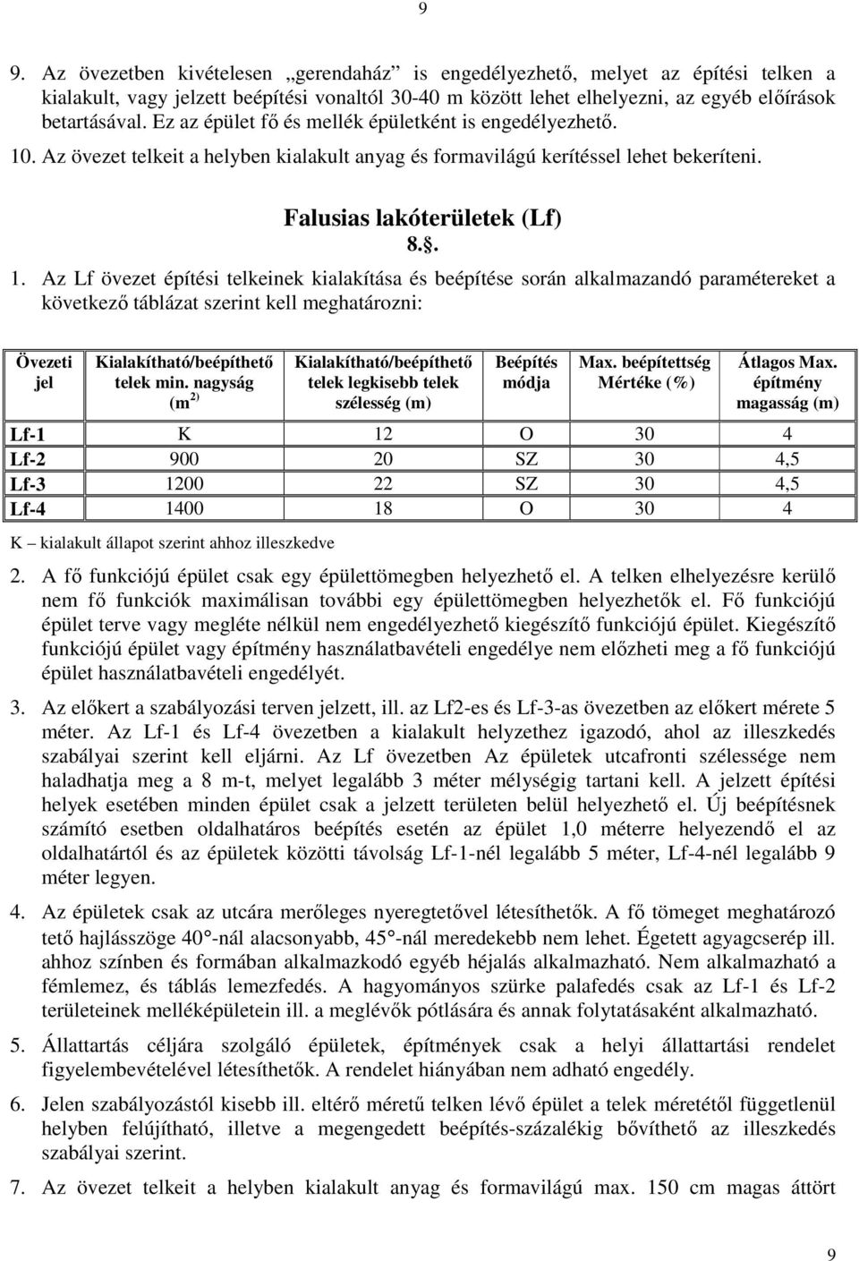 . Az övezet telkeit a helyben kialakult anyag és formavilágú kerítéssel lehet bekeríteni. Falusias lakóterületek (Lf) 8.. 1.