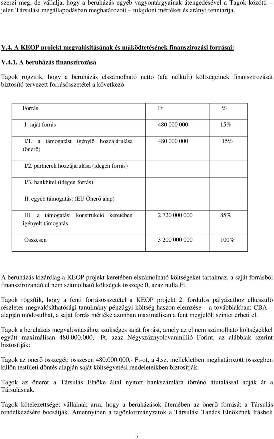 A beruházás finanszírozása Tagok rögzítik, hogy a beruházás elszámolható nettó (áfa nélküli) költségeinek finanszírozását biztosító tervezett forrásösszetétel a következő: Forrás Ft % I.