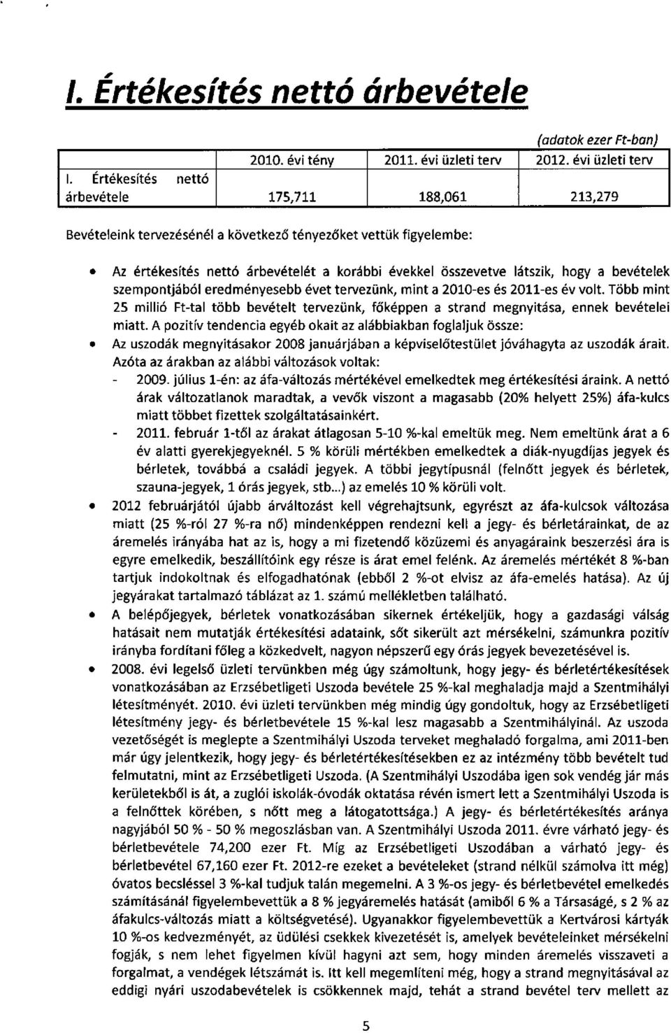 bevételek szempontjából eredményesebb évet tervezünk, mint a 2010-es és 2011-es év volt. Több mint 25 millió Ft-tal több bevételt tervezünk, főképpen a strand megnyitása, ennek bevételei miatt.