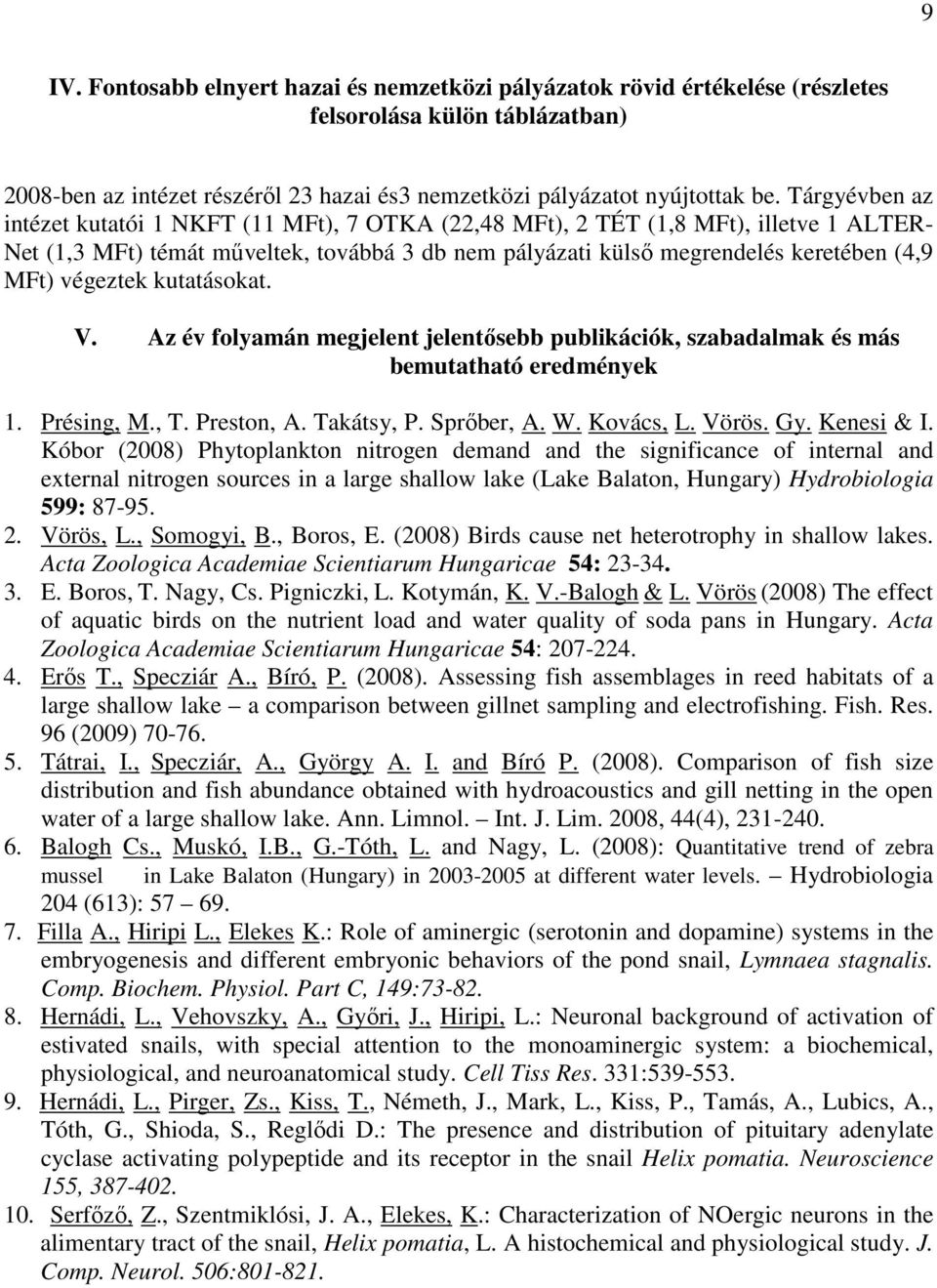 végeztek kutatásokat. V. Az év folyamán megjelent jelentősebb publikációk, szabadalmak és más bemutatható eredmények 1. Présing, M., T. Preston, A. Takátsy, P. Sprőber, A. W. Kovács, L. Vörös. Gy.