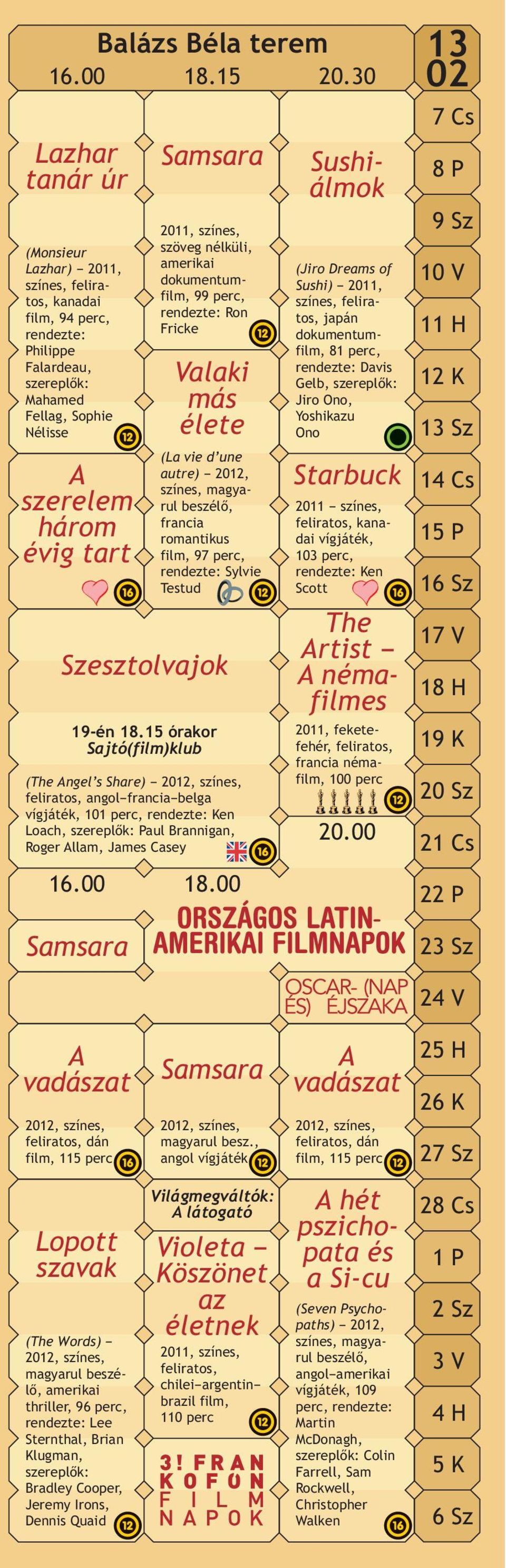 00 Samsara 2011, színes, szöveg nélküli, amerikai dokumentumfilm, 99 perc, rendezte: Ron Fricke Valaki más élete (La vie d une autre) 2012, színes, magyarul beszélő, francia romantikus film, 97 perc,