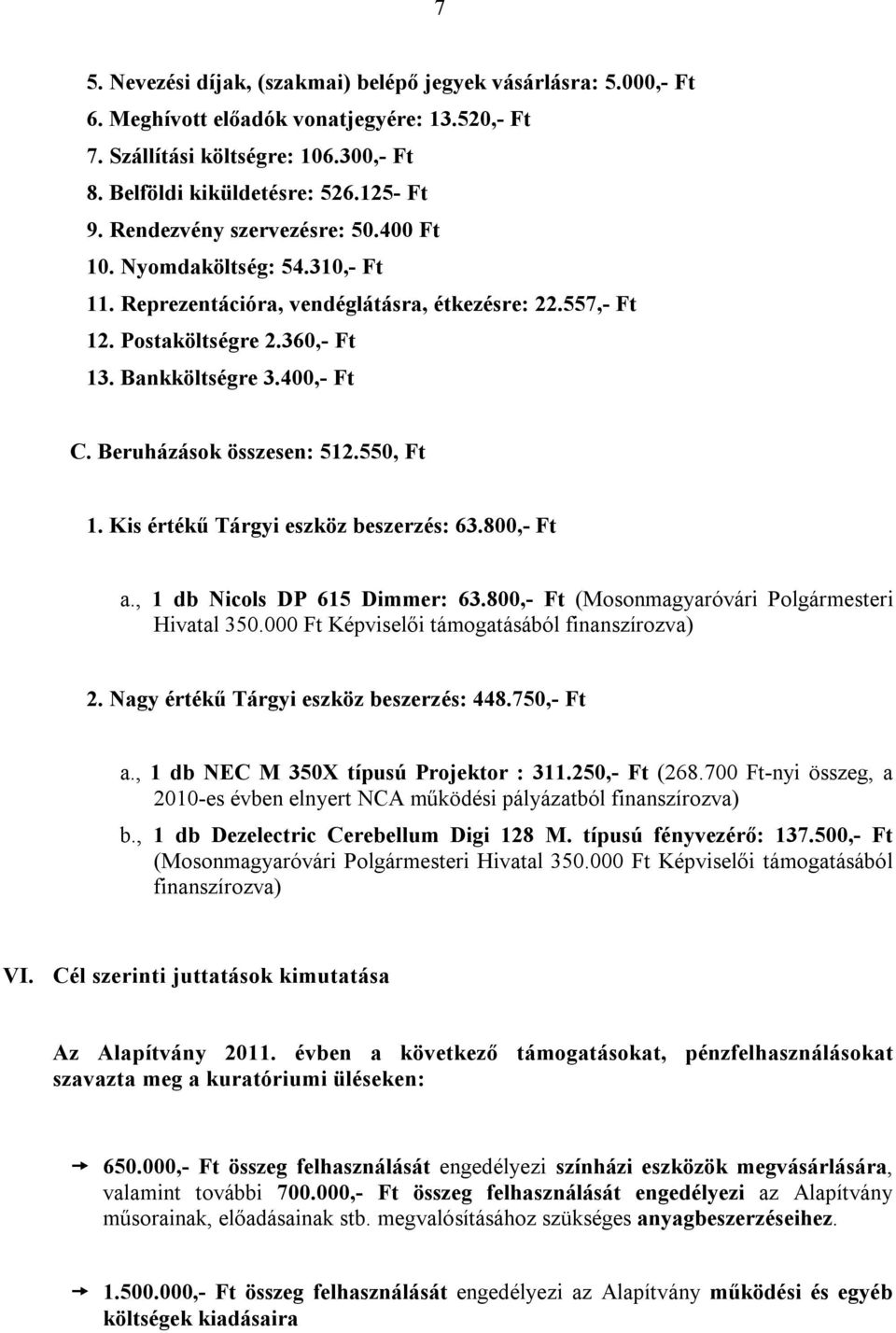 Beruházások összesen: 512.550, Ft 1. Kis értékű Tárgyi eszköz beszerzés: 63.800,- Ft a., 1 db Nicols DP 615 Dimmer: 63.800,- Ft (Mosonmagyaróvári Polgármesteri Hivatal 350.