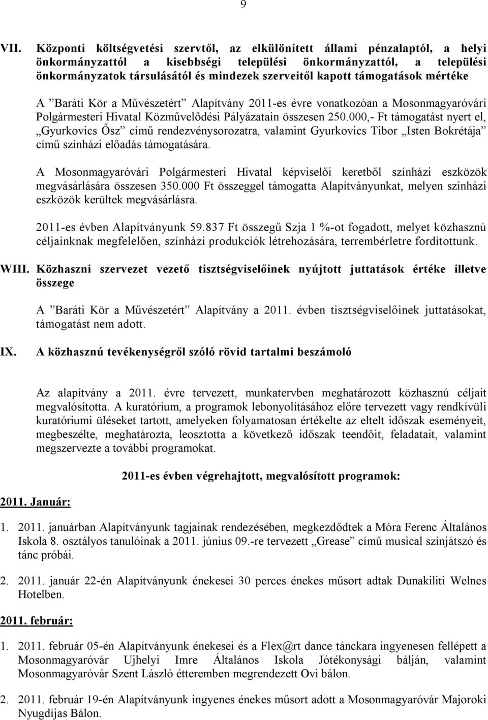 kapott támogatások mértéke A Baráti Kör a Művészetért Alapítvány 2011-es évre vonatkozóan a Mosonmagyaróvári Polgármesteri Hivatal Közművelődési Pályázatain összesen 250.