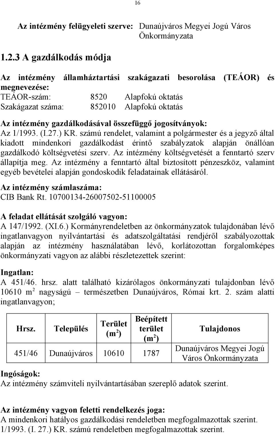 gazdálkodásával összefüggő jogosítványok: Az 1/1993. (I.27.) KR.