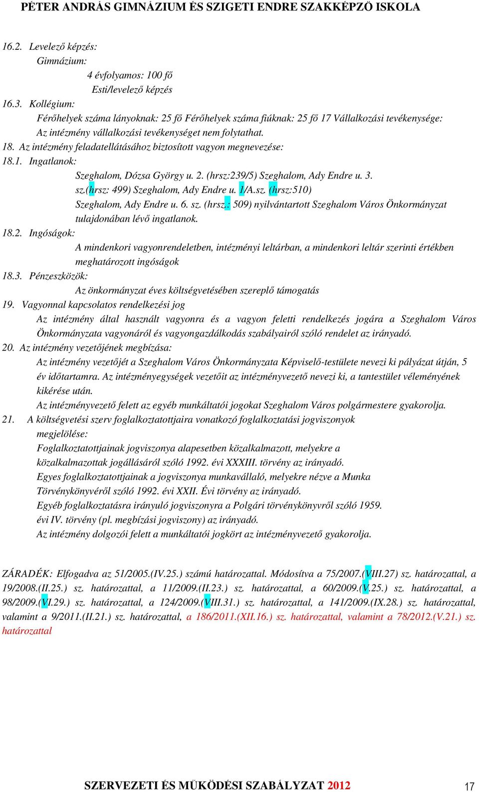 Az intézmény feladatellátásához biztosított vagyon megnevezése: 18.1. Ingatlanok: Szeghalom, Dózsa György u. 2. (hrsz:239/5) Szeghalom, Ady Endre u. 3. sz.(hrsz: 499) Szeghalom, Ady Endre u. 1/A.sz. (hrsz:510) Szeghalom, Ady Endre u.