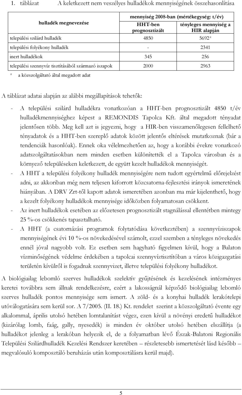 adat A táblázat adatai alapján az alábbi megállapítások tehetők: - A települési szilárd hulladékra vonatkozóan a HHT-ben prognosztizált 4850 t/év hulladékmennyiséghez képest a REMONDIS Tapolca Kft.