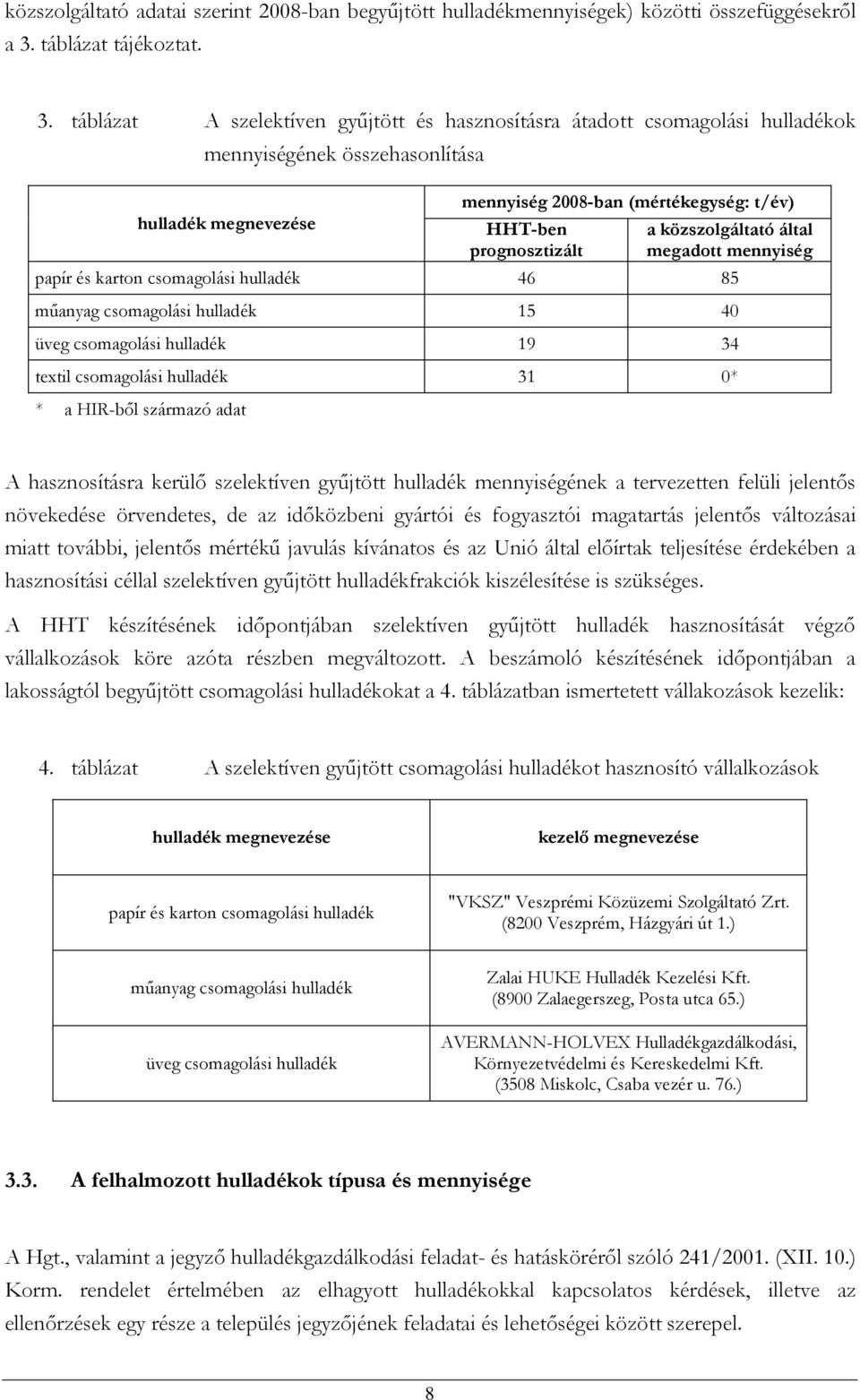 táblázat A szelektíven gyűjtött és hasznosításra átadott csomagolási hulladékok mennyiségének összehasonlítása hulladék megnevezése mennyiség 2008-ban (mértékegység: t/év) HHT-ben prognosztizált a