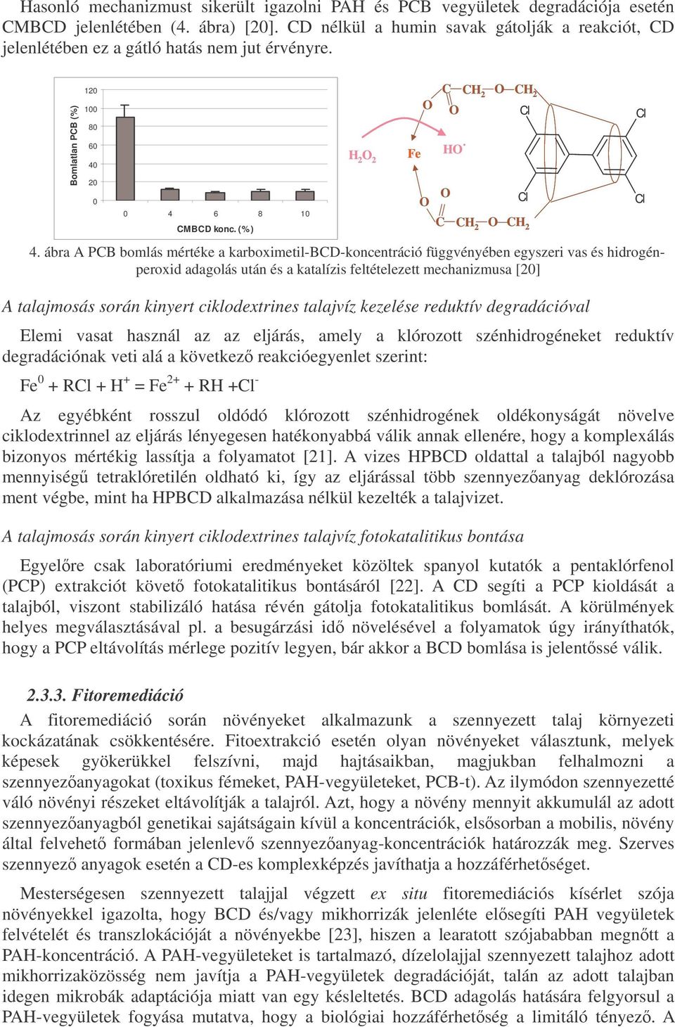 ábra A PCB bomlás mértéke a karboximetil-bcd-koncentráció függvényében egyszeri vas és hidrogénperoxid adagolás után és a katalízis feltételezett mechanizmusa [20] A talajmosás során kinyert