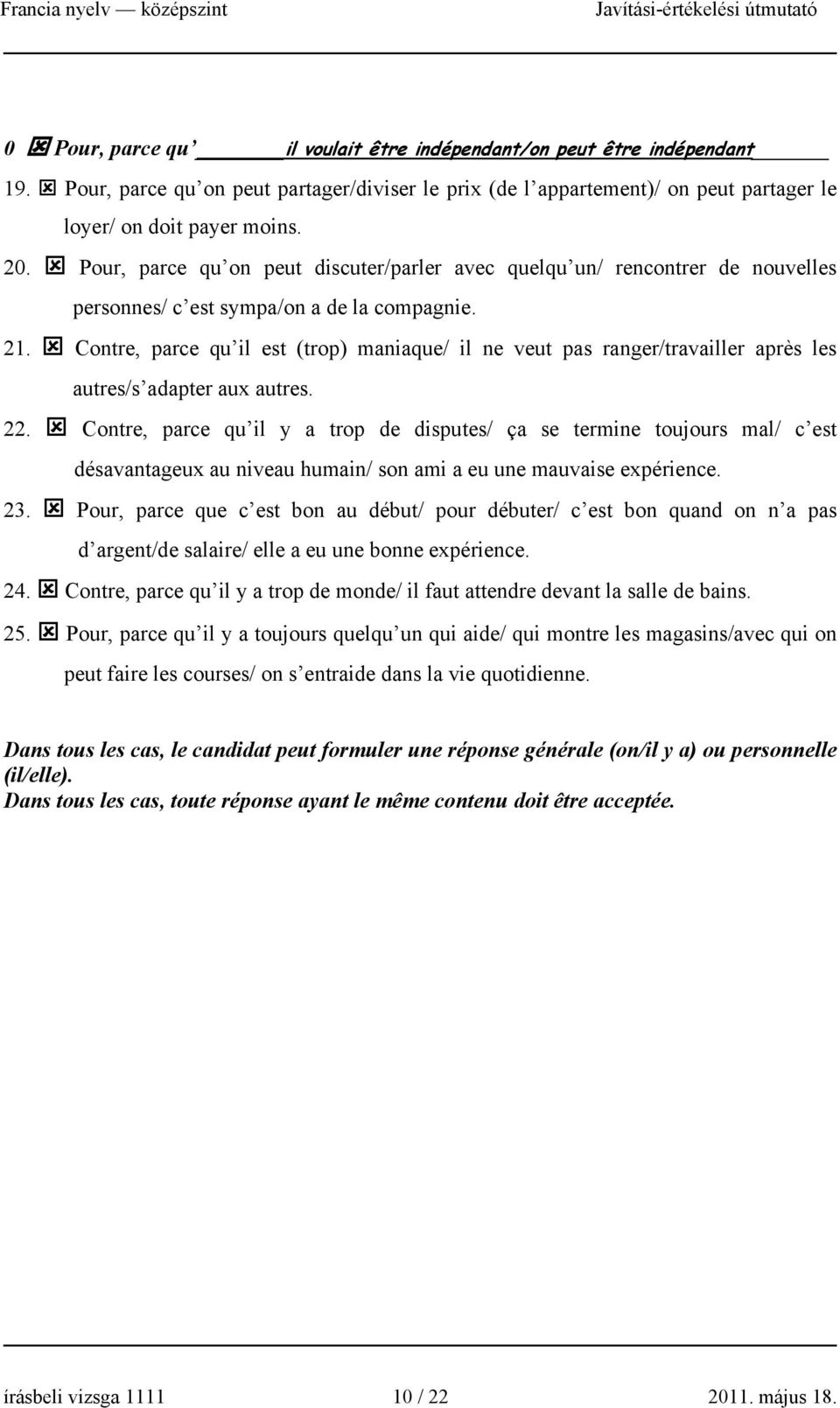 Contre, parce qu il est (trop) maniaque/ il ne veut pas ranger/travailler après les autres/s adapter aux autres. 22.