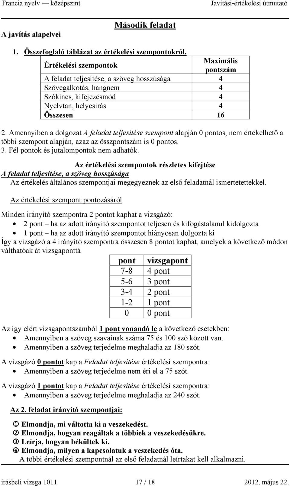 Amennyiben a dolgozat A feladat teljesítése szempont alapján 0 pontos, nem értékelhető a többi szempont alapján, azaz az összpontszám is 0 pontos. 3. Fél pontok és jutalompontok nem adhatók.