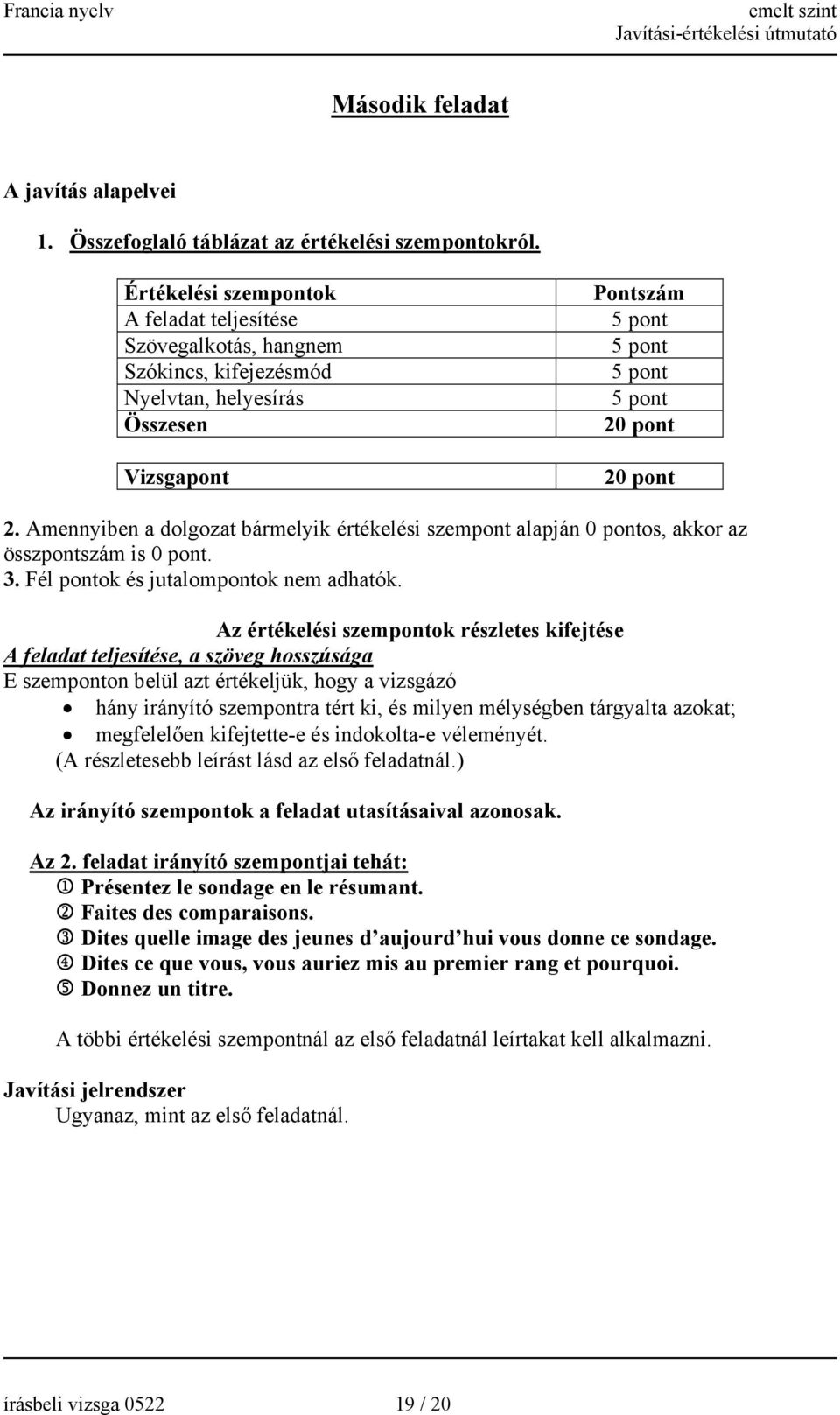 Amennyiben a dolgozat bármelyik értékelési szempont alapján 0 pontos, akkor az összpontszám is 0 pont. 3. Fél pontok és jutalompontok nem adhatók.