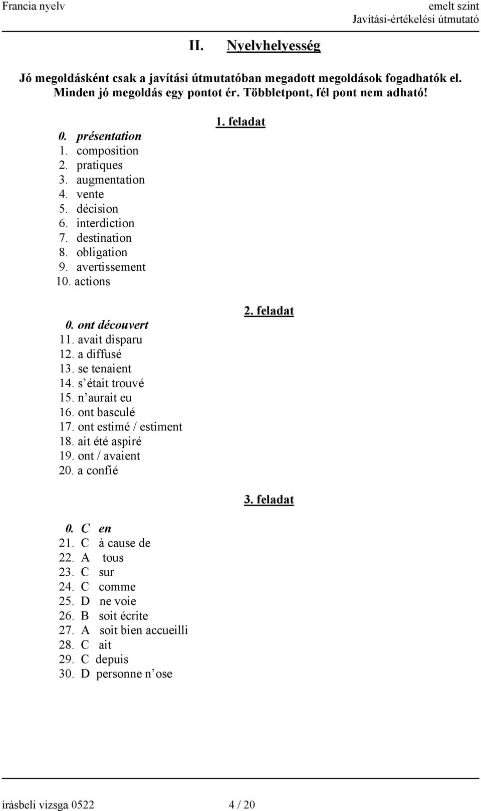 a diffusé 13. se tenaient 14. s était trouvé 15. n aurait eu 16. ont basculé 17. ont estimé / estiment 18. ait été aspiré 19. ont / avaient 20. a confié 1. feladat 2. feladat 3.