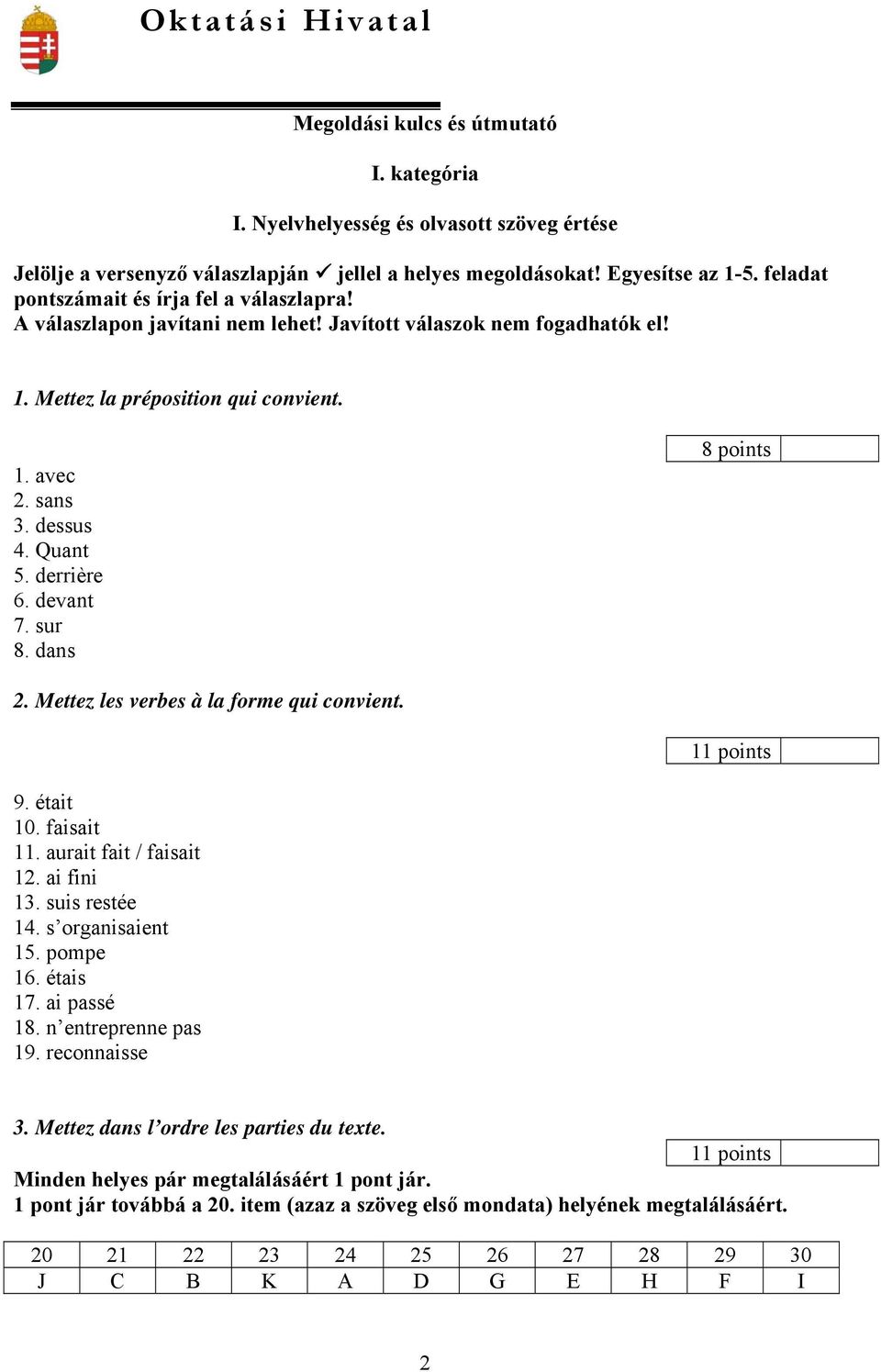 derrière 6. devant 7. sur 8. dans 8 points 2. Mettez les verbes à la forme qui convient. 11 points 9. était 10. faisait 11. aurait fait / faisait 12. ai fini 13. suis restée 14. s organisaient 15.