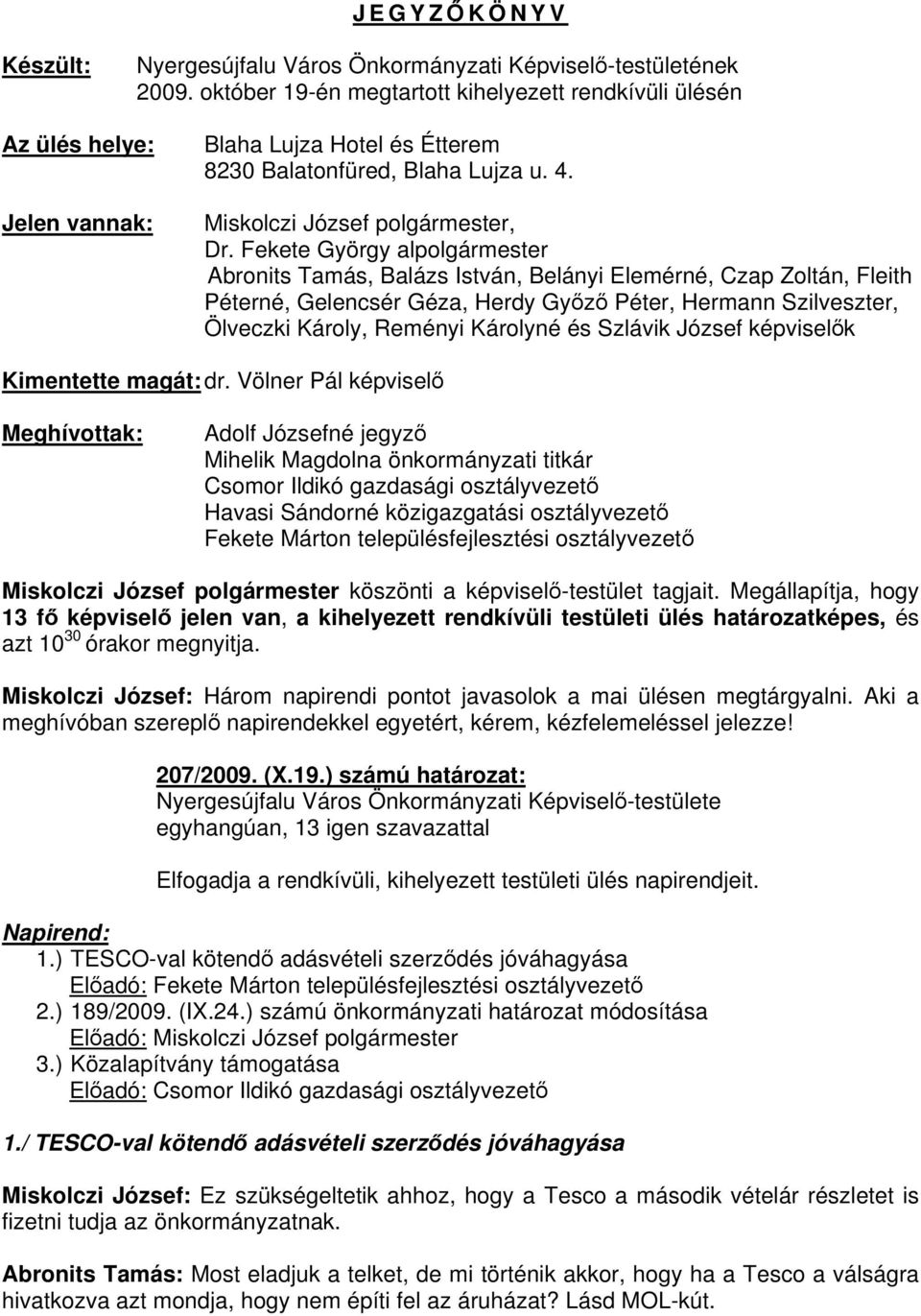 Fekete György alpolgármester Abronits Tamás, Balázs István, Belányi Elemérné, Czap Zoltán, Fleith Péterné, Gelencsér Géza, Herdy Győző Péter, Hermann Szilveszter, Ölveczki Károly, Reményi Károlyné és