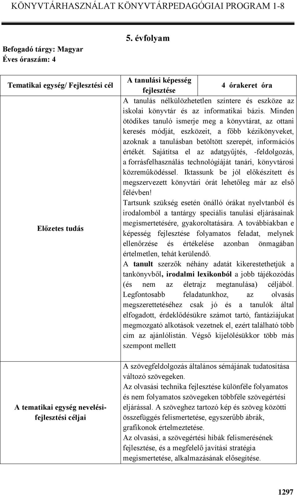 Minden ötödikes tanuló ismerje meg a könyvtárat, az ottani keresés módját, eszközeit, a főbb kézikönyveket, azoknak a tanulásban betöltött szerepét, információs értékét.