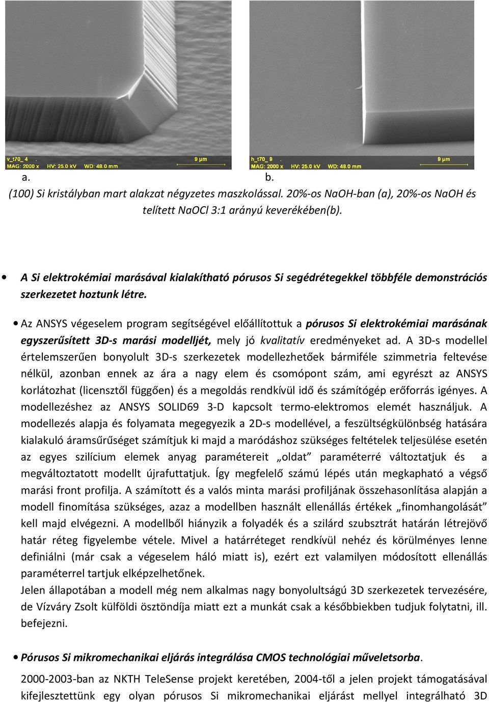 Az ANSYS végeselem program segítségével előállítottuk a pórusos Si elektrokémiai marásának egyszerűsített 3D-s marási modelljét, mely jó kvalitatív eredményeket ad.