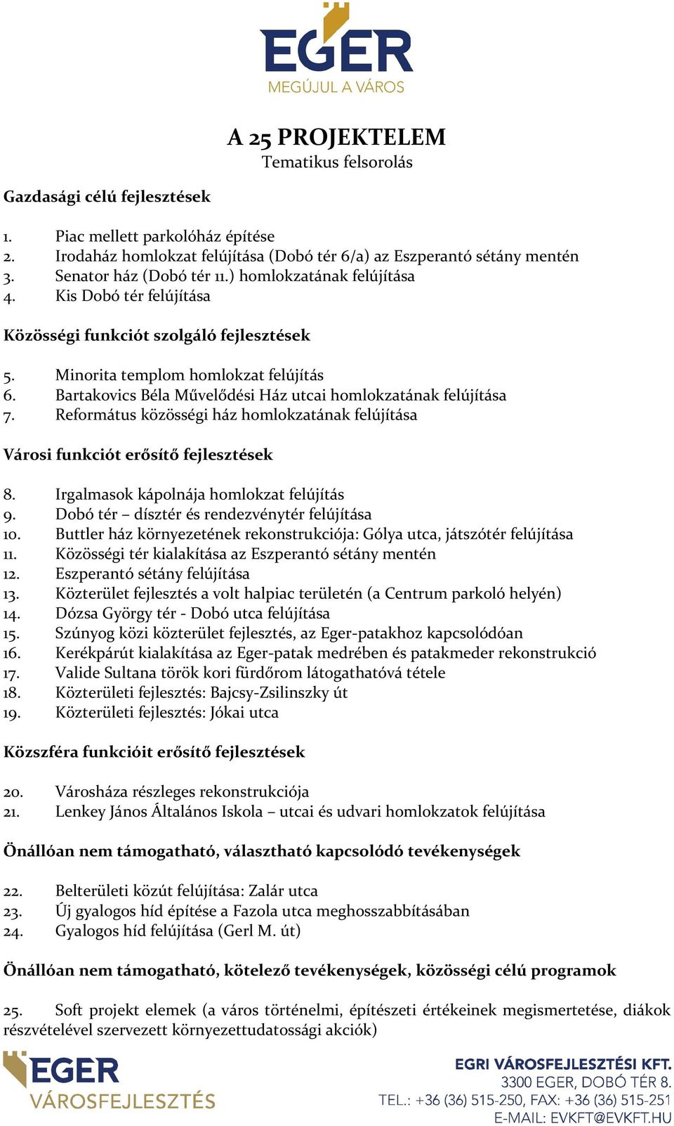 Bartakovics Béla Művelődési Ház utcai homlokzatának felújítása 7. Református közösségi ház homlokzatának felújítása Városi funkciót erősítő fejlesztések 8. Irgalmasok kápolnája homlokzat felújítás 9.