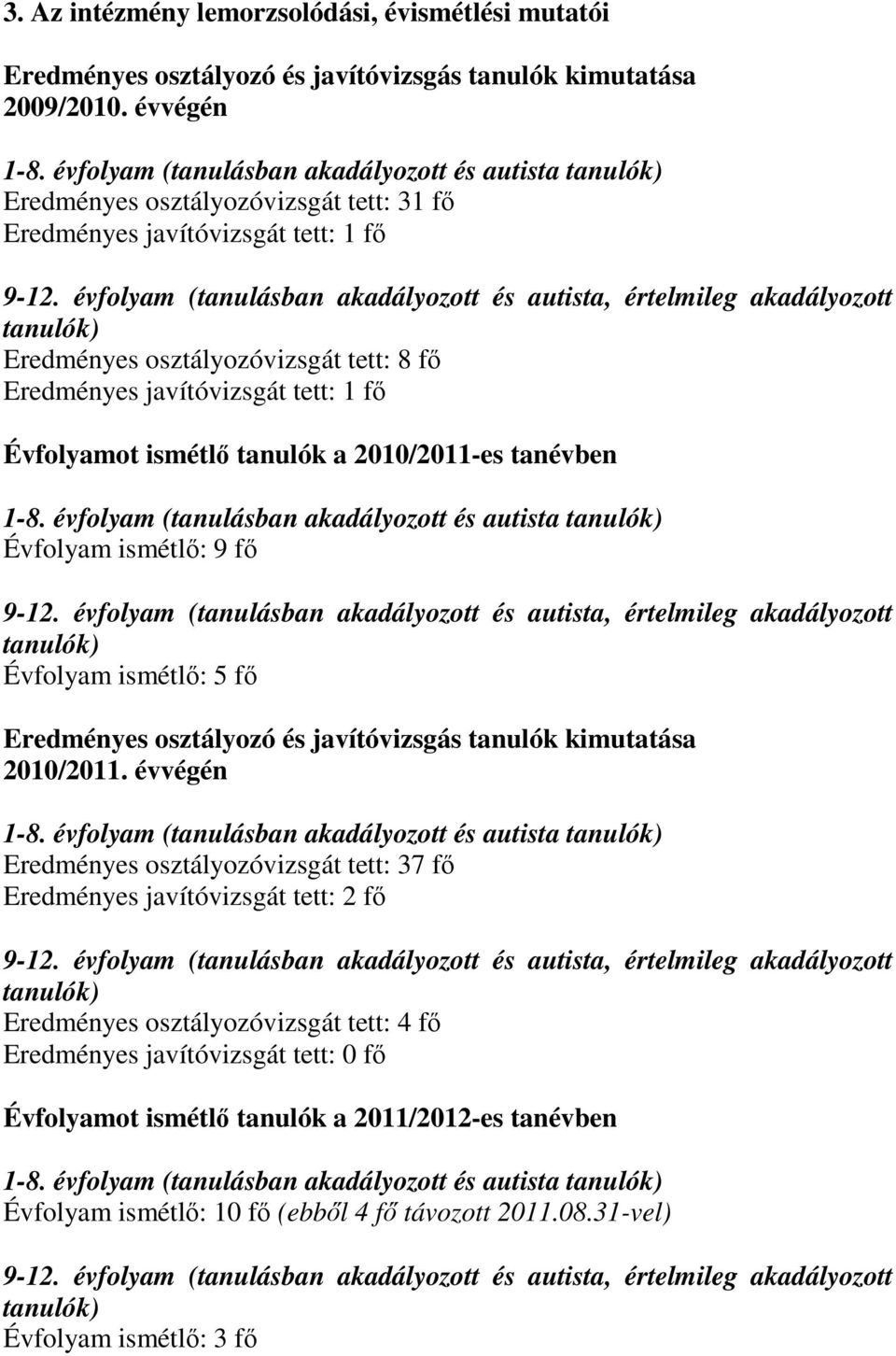 Évfolyamot ismétlő tanulók a 2010/2011-es tanévben 1-8.