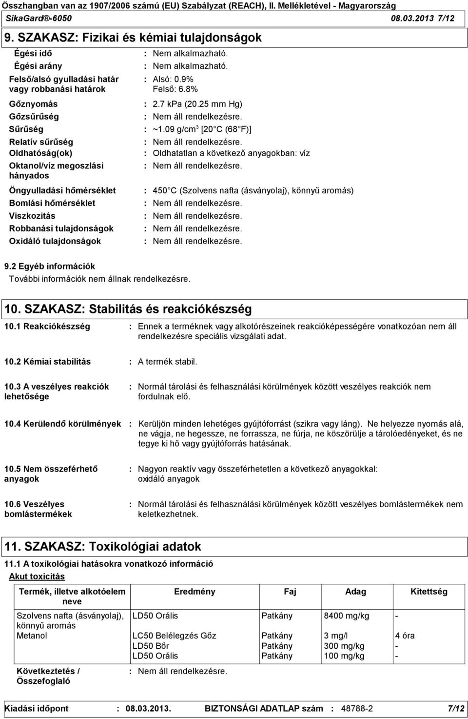 hányados Öngyulladási hőmérséklet Bomlási hőmérséklet Viszkozitás Robbanási tulajdonságok Oxidáló tulajdonságok Nem alkalmazható. Nem alkalmazható. Alsó 0.9% Felső 6.8% 2.7 kpa (20.25 mm Hg) ~1.