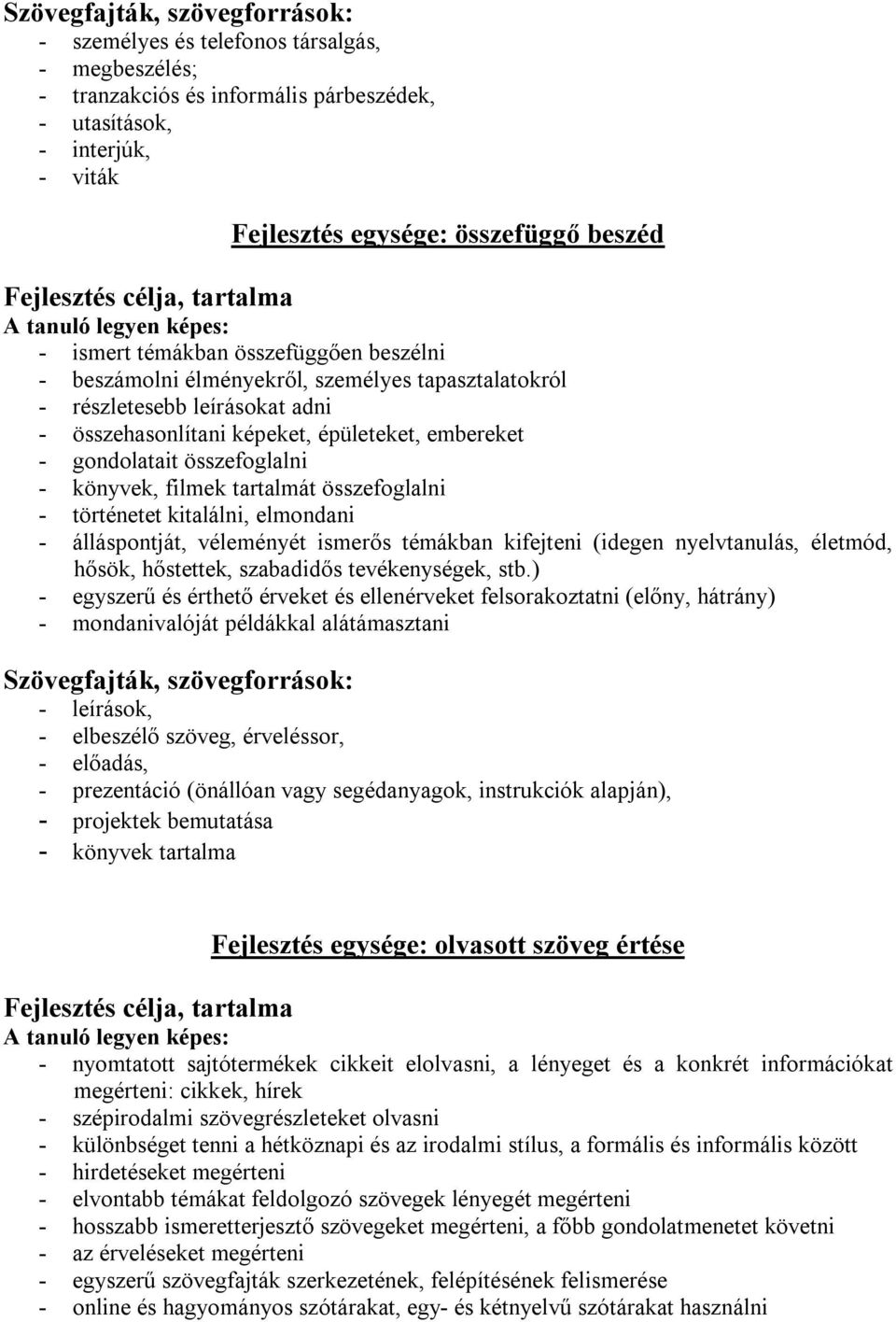 képeket, épületeket, embereket - gondolatait összefoglalni - könyvek, filmek tartalmát összefoglalni - történetet kitalálni, elmondani - álláspontját, véleményét ismerős témákban kifejteni (idegen