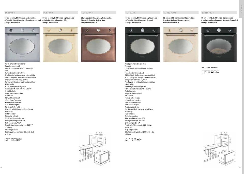 cm-es sütő, Elektromos, légkeveréses 6 funkció, Colonial design, Avena 60 cm-es sütő, Elektromos, légkeveréses 6 funkció, Colonial design, Antracit, Pizza sütő Rozsdamentes acél Ezüstszínű