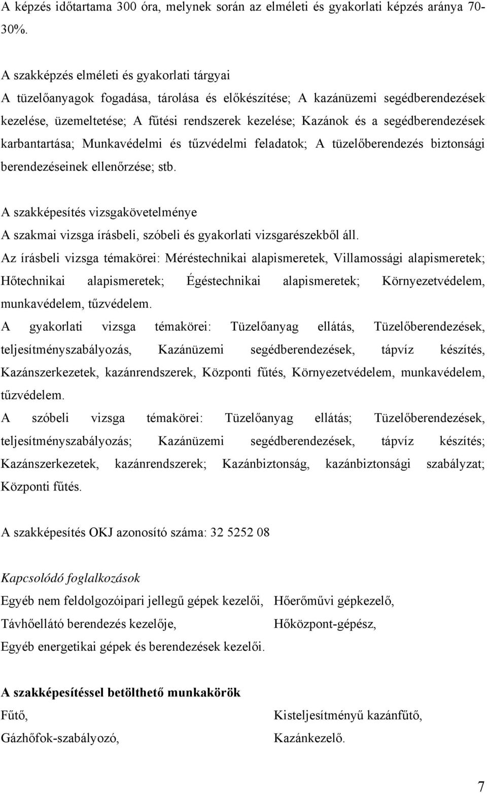 segédberendezések karbantartása; Munkavédelmi és tűzvédelmi feladatok; A tüzelőberendezés biztonsági berendezéseinek ellenőrzése; stb.