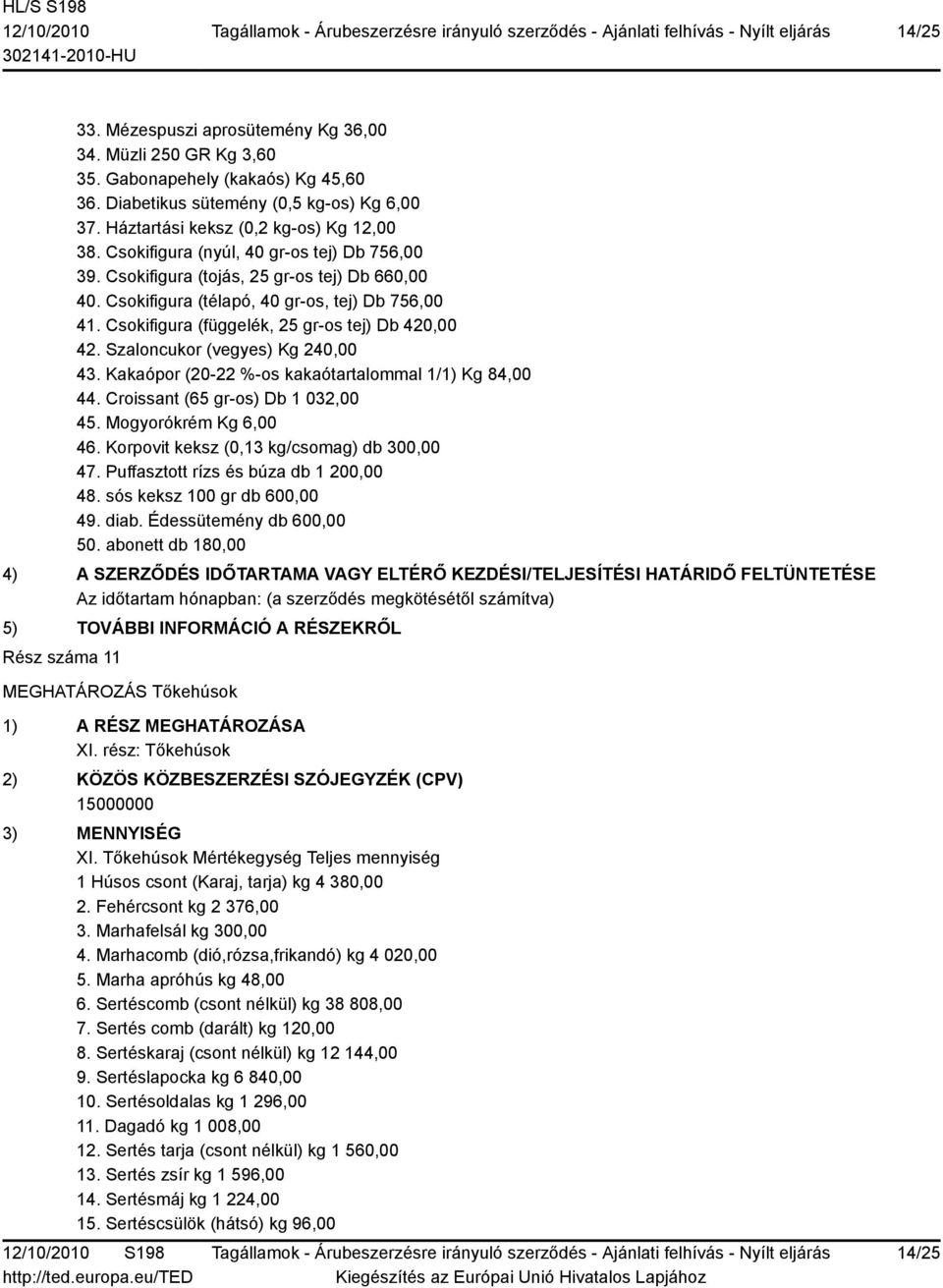 Szaloncukor (vegyes) Kg 240,00 43. Kakaópor (20-22 %-os kakaótartalommal 1/1) Kg 84,00 44. Croissant (65 gr-os) Db 1 032,00 45. Mogyorókrém Kg 6,00 46. Korpovit keksz (0,13 kg/csomag) db 300,00 47.