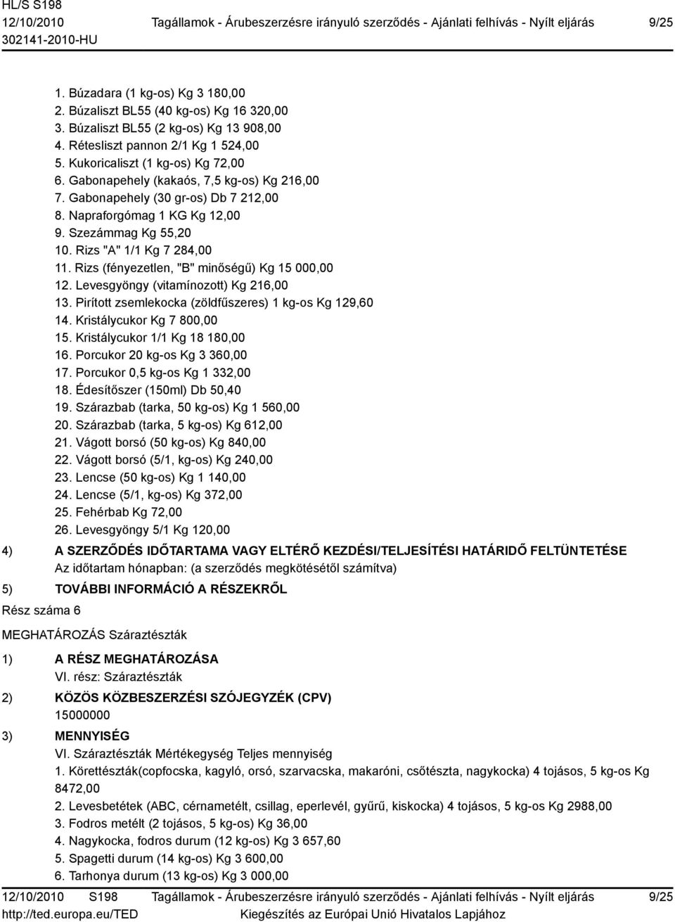 Rizs (fényezetlen, "B" minőségű) Kg 15 000,00 12. Levesgyöngy (vitamínozott) Kg 216,00 13. Pirított zsemlekocka (zöldfűszeres) 1 kg-os Kg 129,60 14. Kristálycukor Kg 7 800,00 15.