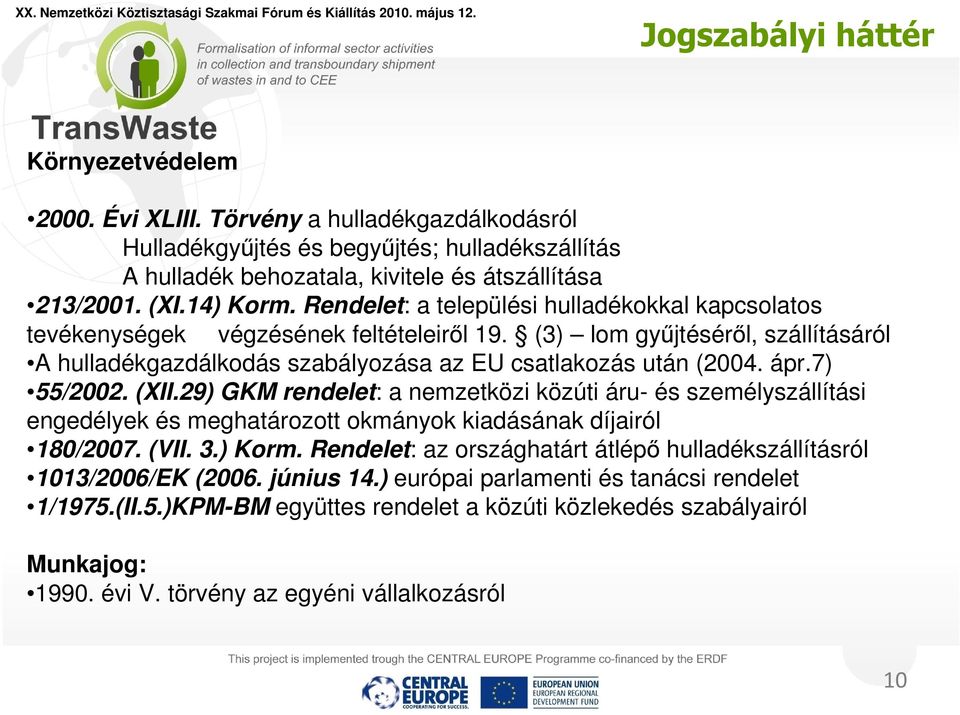 (3) lom gyűjtéséről, szállításáról A hulladékgazdálkodás szabályozása az EU csatlakozás után (2004. ápr.7) 55/2002. (XII.